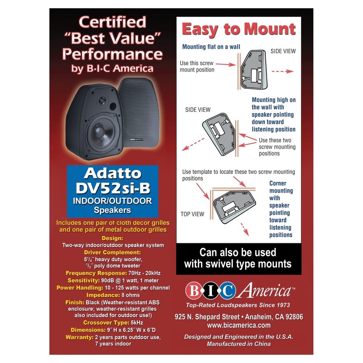 Bic America Adatto DV52si Indoor/Outdoor Weather-Resistant 125-Watt - 6
