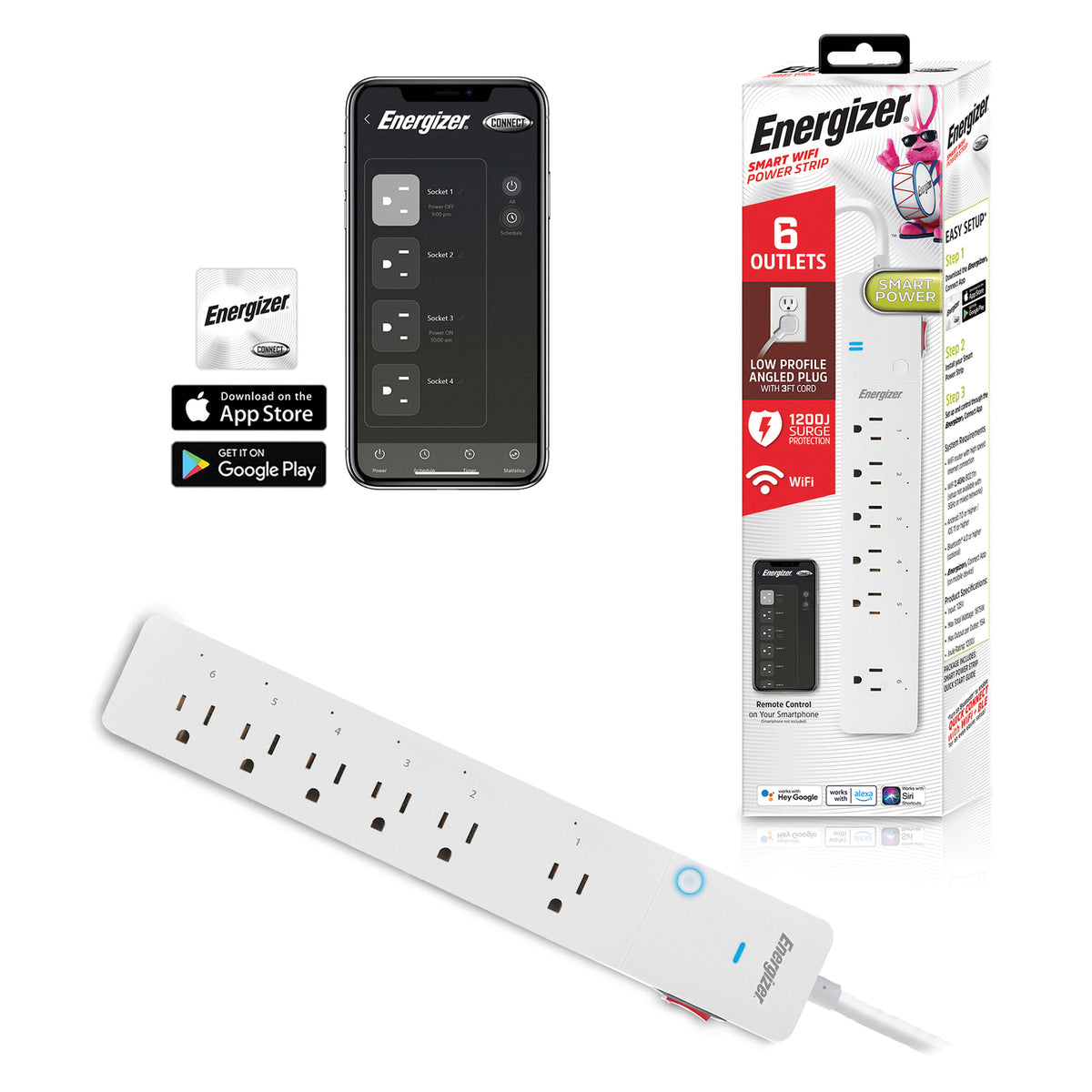 Energizer Connect 6-AC Outlet 1,200-Joules Smart Wi-Fi Surge Protector — White - 8