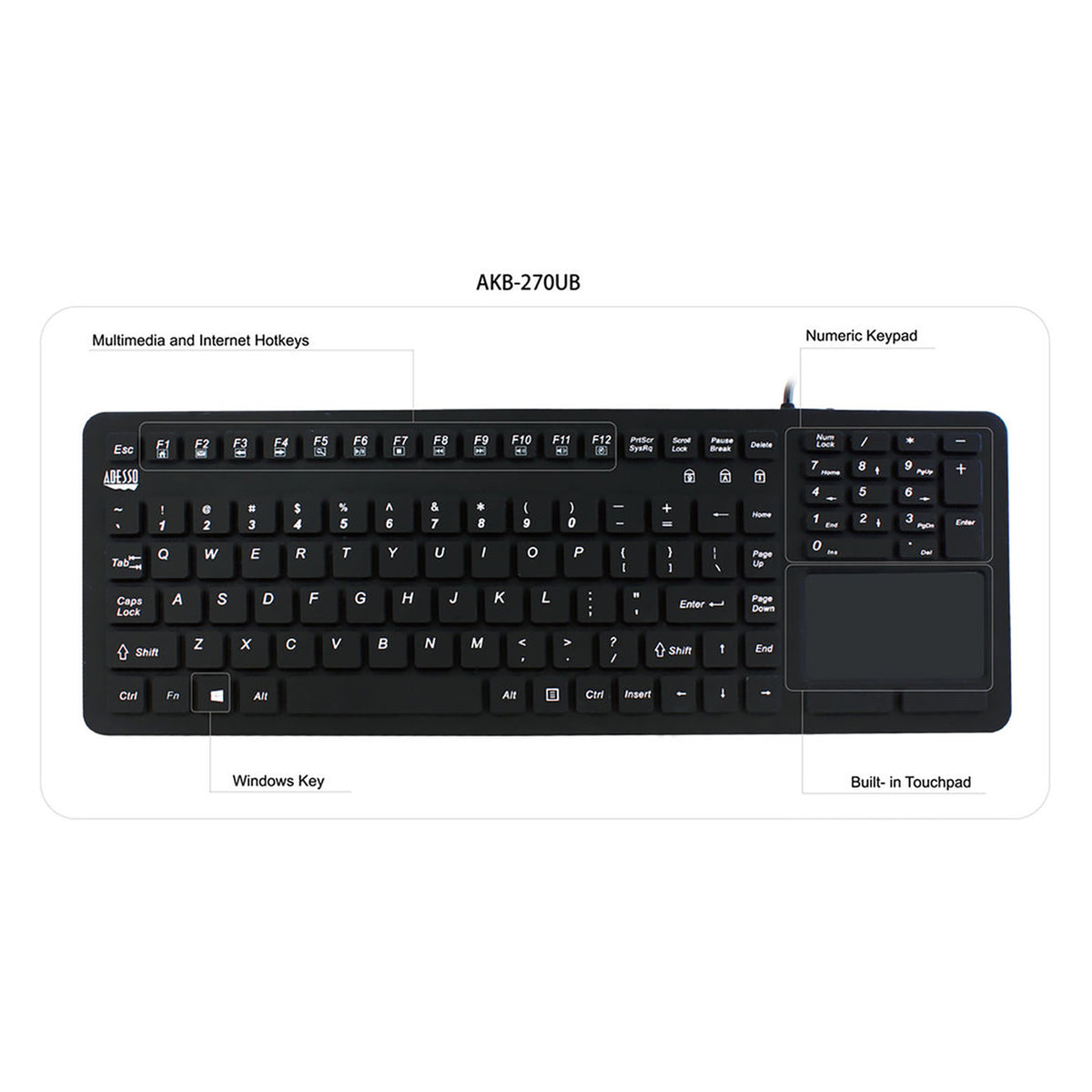 Adesso Wired USB Antimicrobial Waterproof Silicone Touchpad Computer - 3