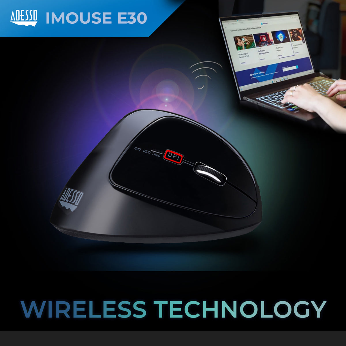Adesso iMouse E30 Wireless Vertical Ergonomic Right-Handed Mouse - 3