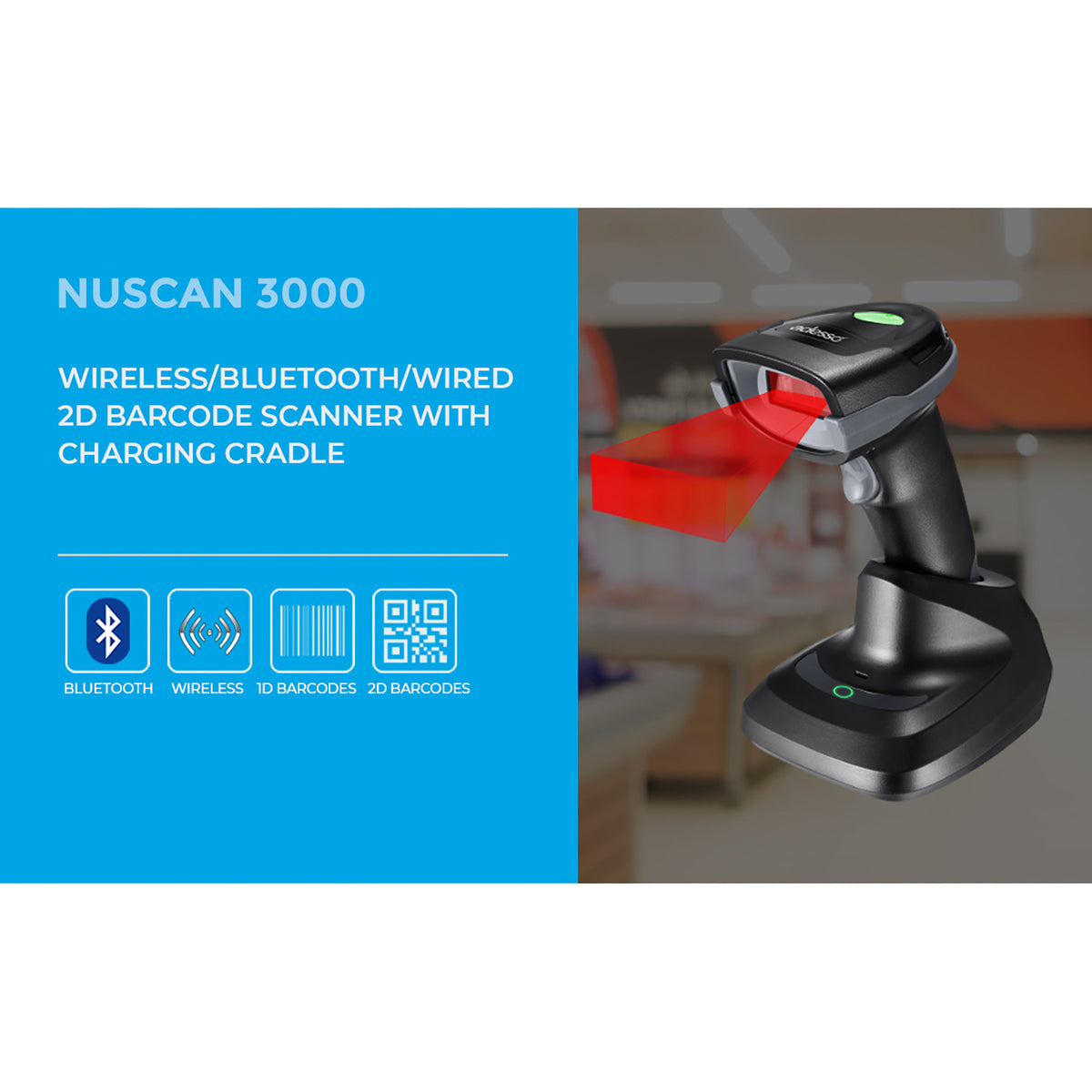 Adesso NuScan 3000 Bluetooth/2.4-GHz/USB-Wired 2D Handheld Barcode Scanner - 8