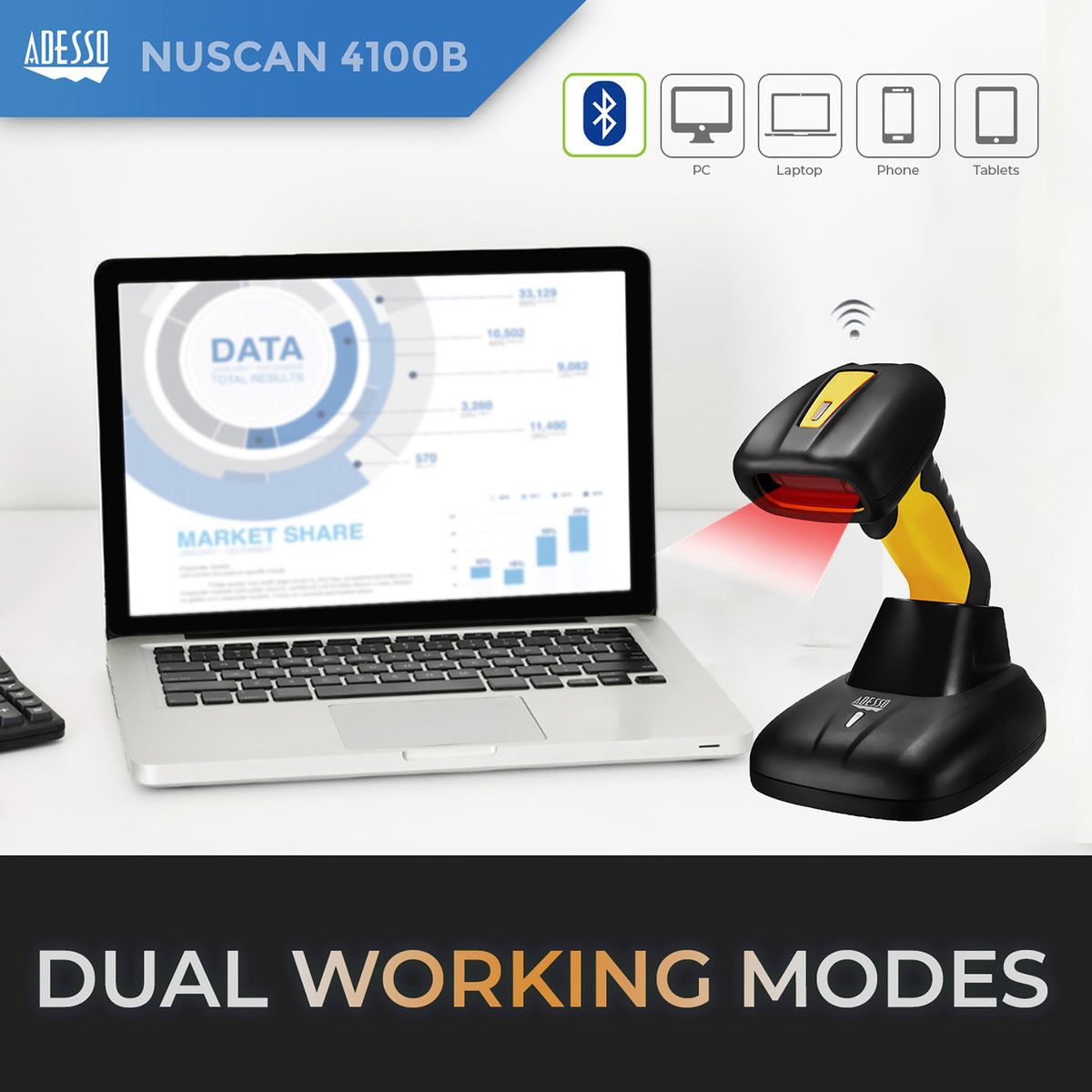 Adesso NuScan 4100B Bluetooth Antimicrobial Waterproof Ccd Handheld - 3