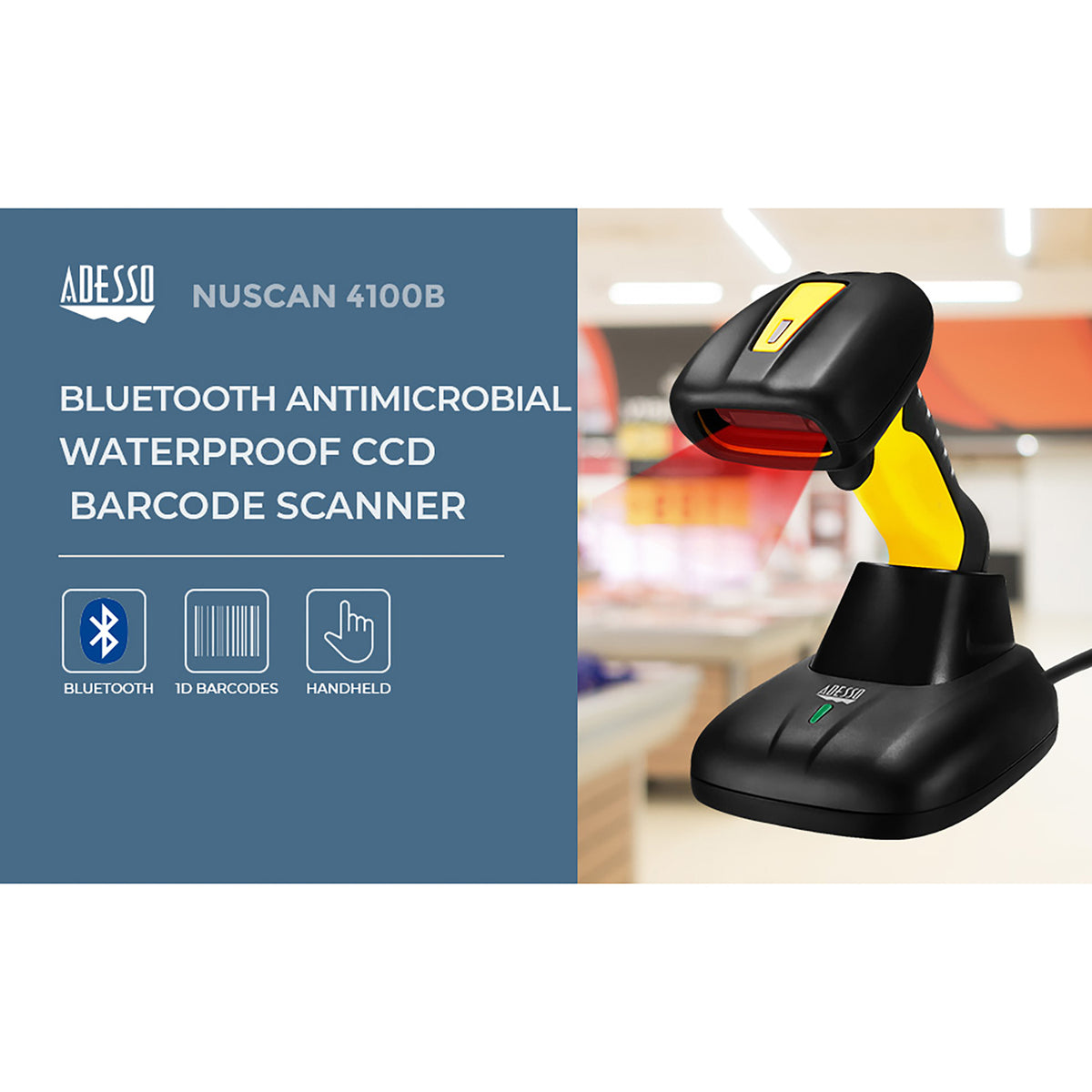 Adesso NuScan 4100B Bluetooth Antimicrobial Waterproof Ccd Handheld - 8