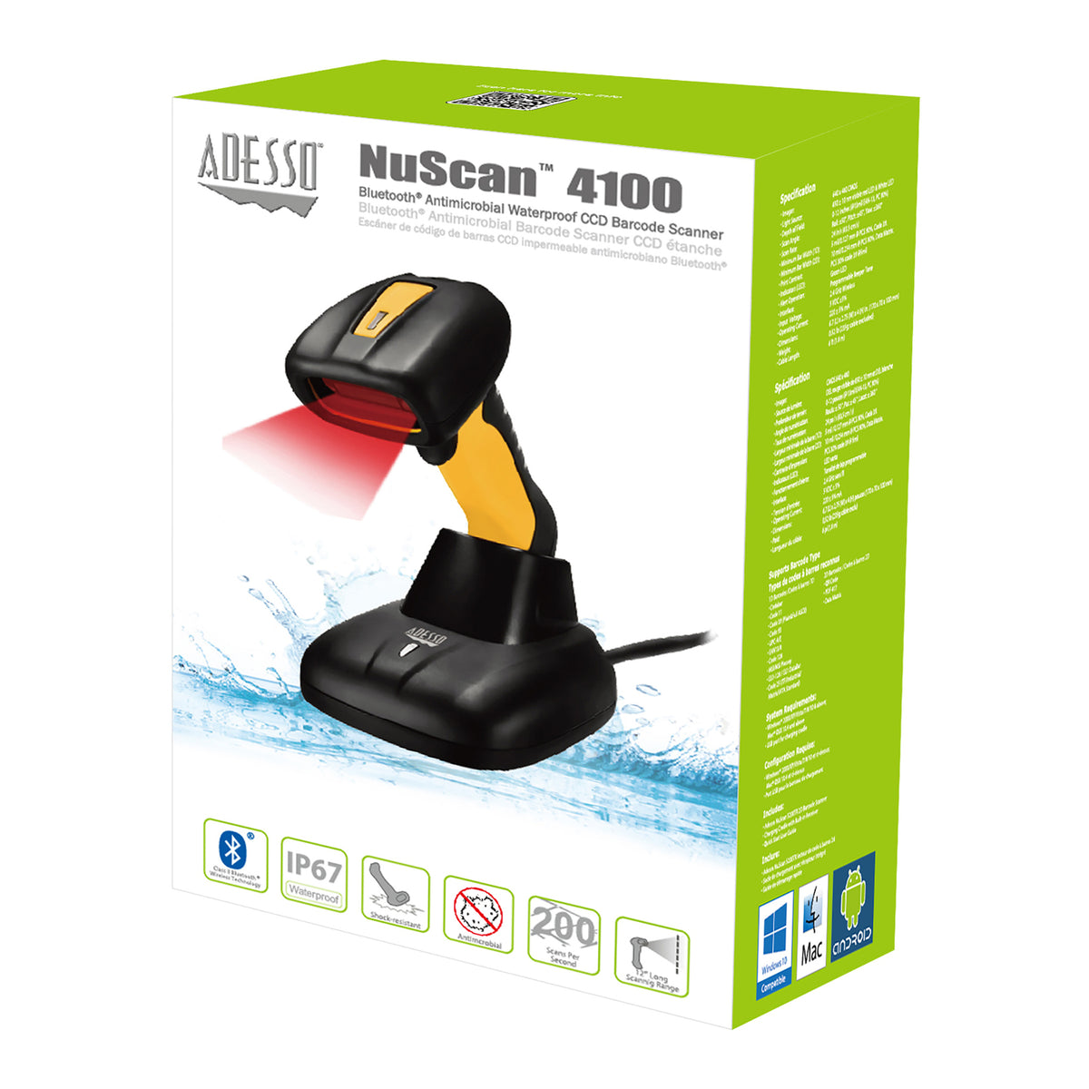 Adesso NuScan 4100B Bluetooth Antimicrobial Waterproof Ccd Handheld - 13