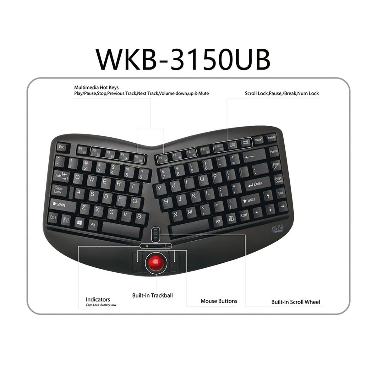 Adesso 2.4-GHz Wireless TruForm Ergonomic Computer Keyboard - 10