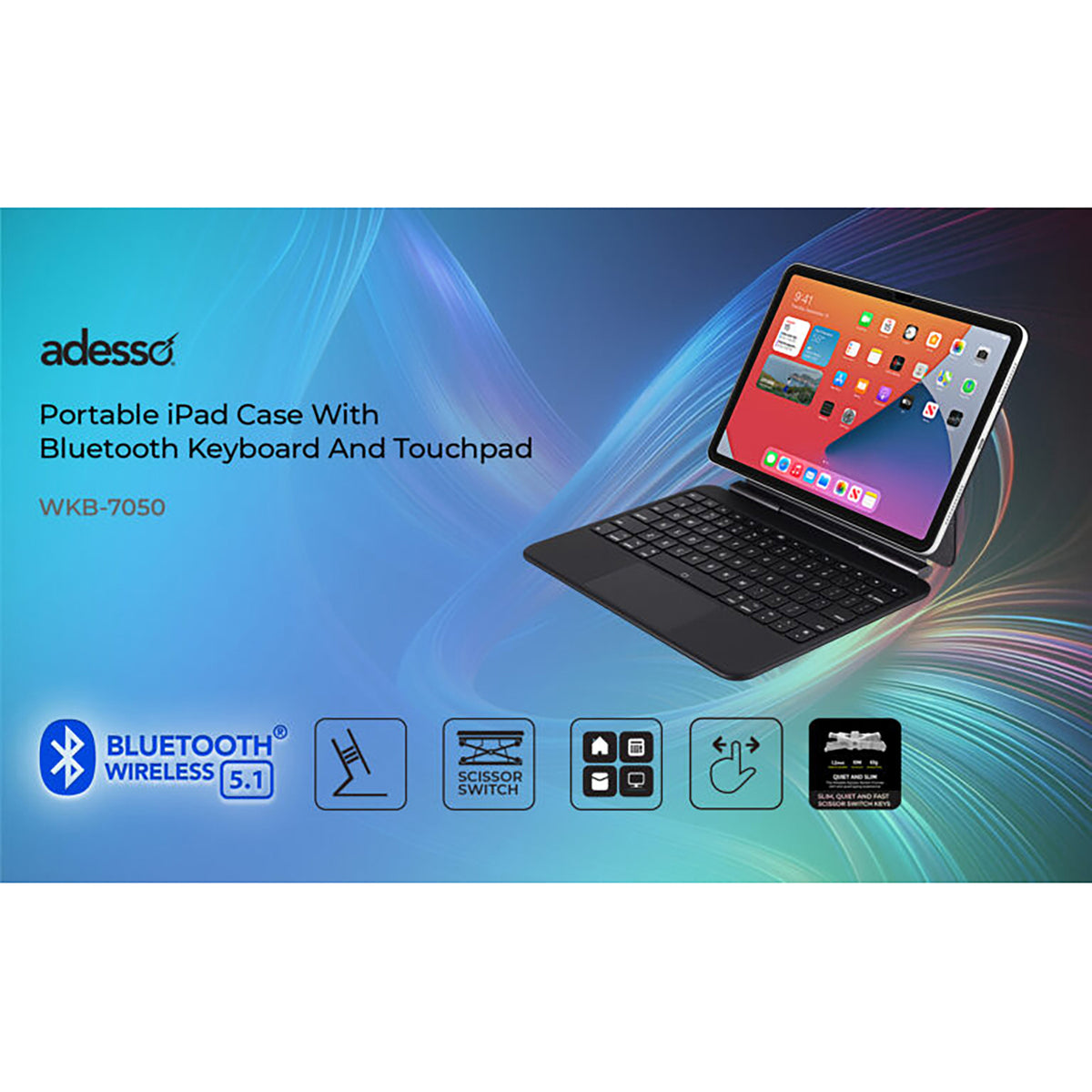 Adesso EasyTouch Folio 7050 Bluetooth Keyboard for iPad Pro 11 In. - 7