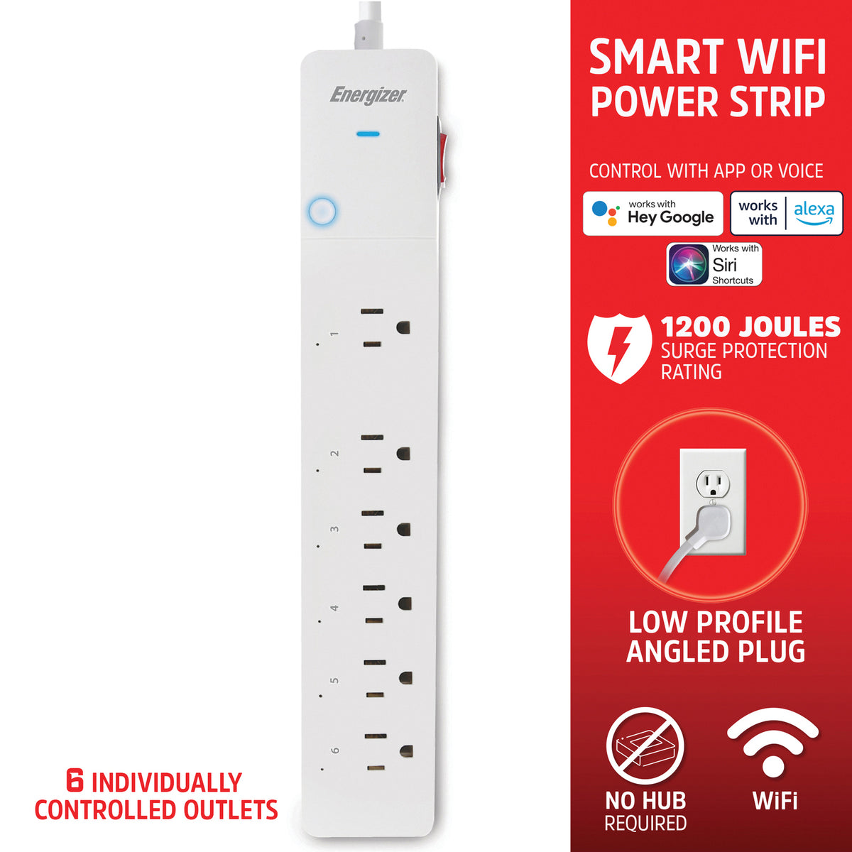 Energizer Connect 6-AC Outlet 1,200-Joules Smart Wi-Fi Surge Protector — White - 4