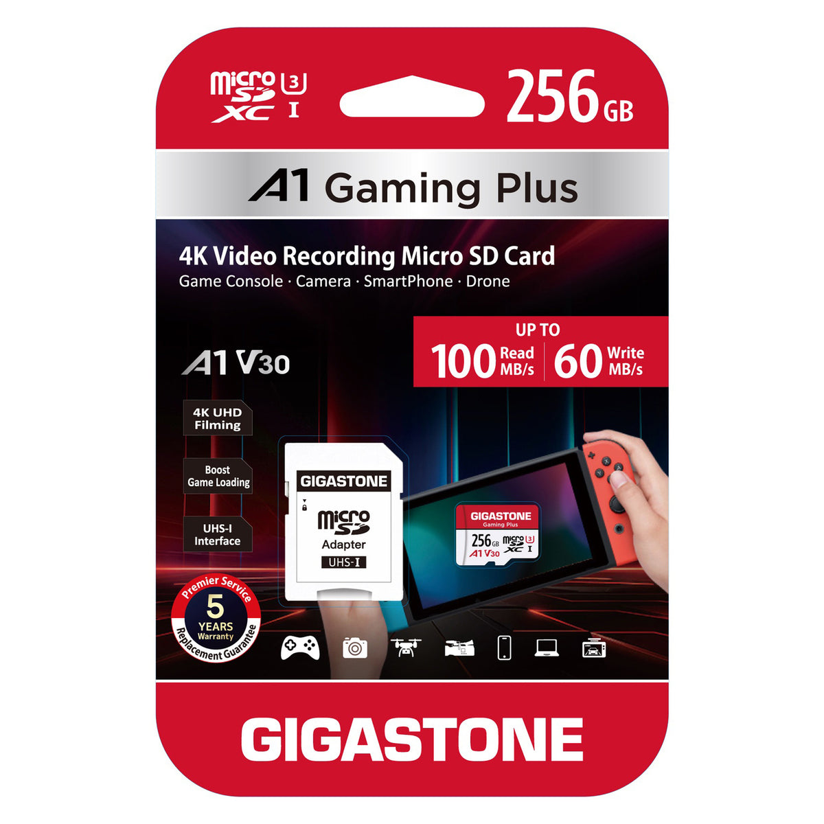Gigastone Gaming Plus A1V30 microSD Card (256 Gb)