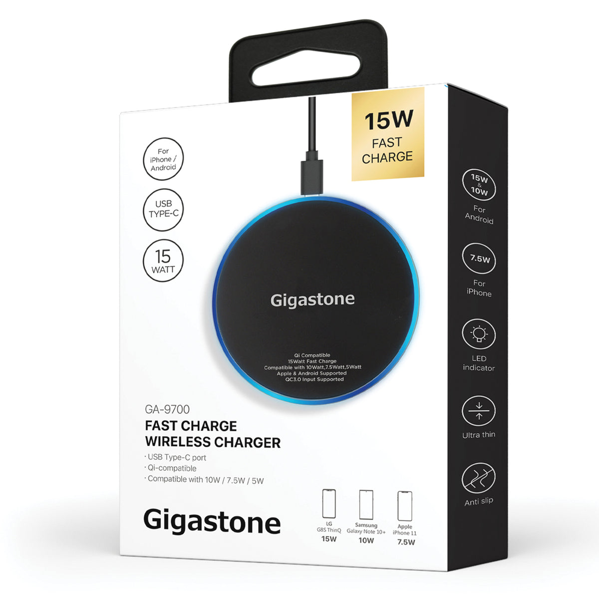 Gigastone Qi Certified Fast Wireless Charging Pad — Black - 6
