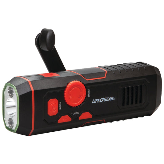 LifeGear 100-Lumen Stormproof USB Crank Flashlight and Radio — Red