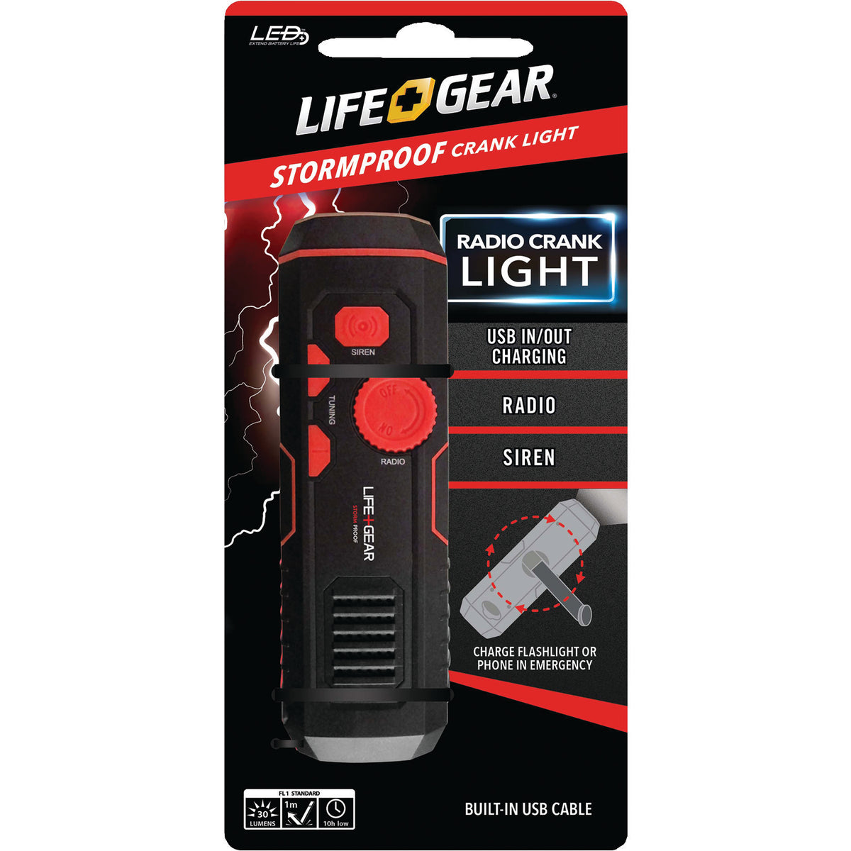 LifeGear 100-Lumen Stormproof USB Crank Flashlight and Radio — Red - 2