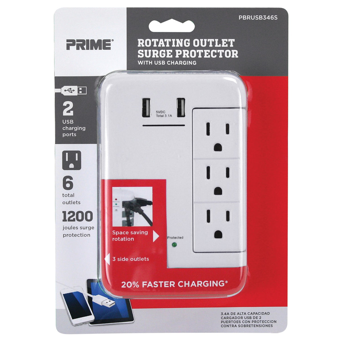 Prime 6-AC Swiveling Outlet and 2-USB Port 1,200-Joules Surge Protector - 3