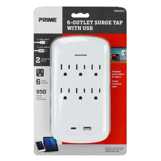 Prime 6-AC Outlet and 2-USB Port Grounded Wall Tap