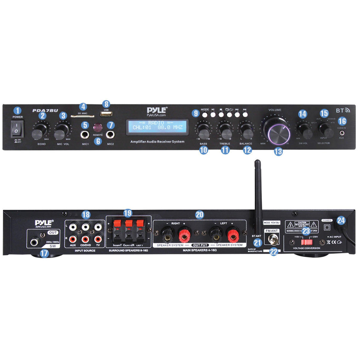 Pyle 2.1-Channel 200-Watt-Max Bluetooth Stereo Amplifier/Receiver - 2