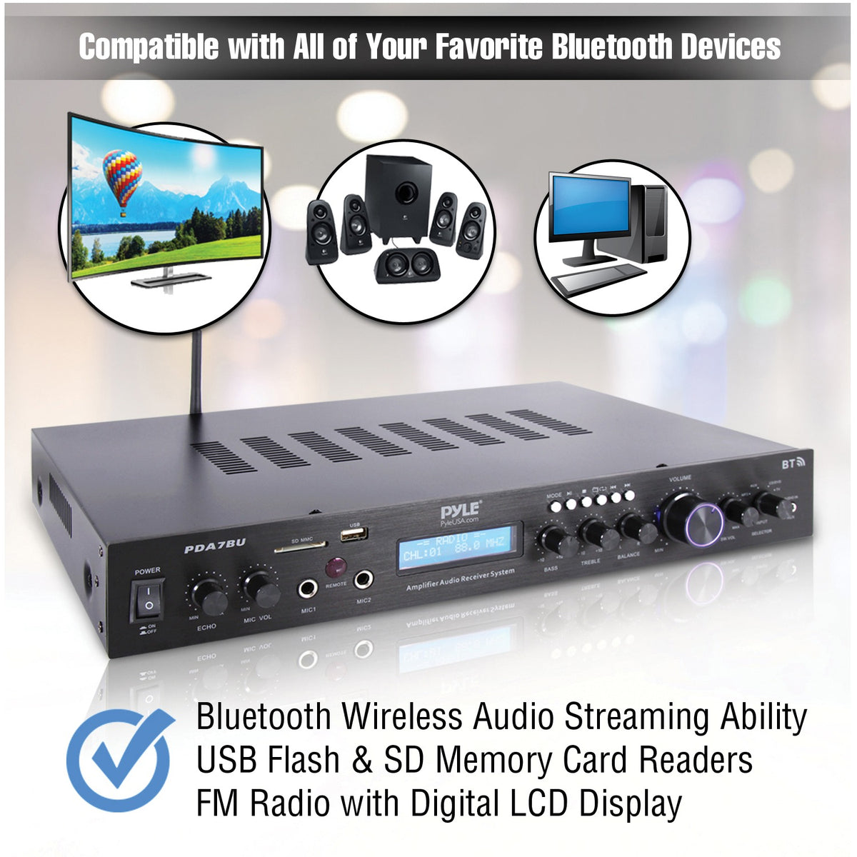 Pyle 2.1-Channel 200-Watt-Max Bluetooth Stereo Amplifier/Receiver - 6