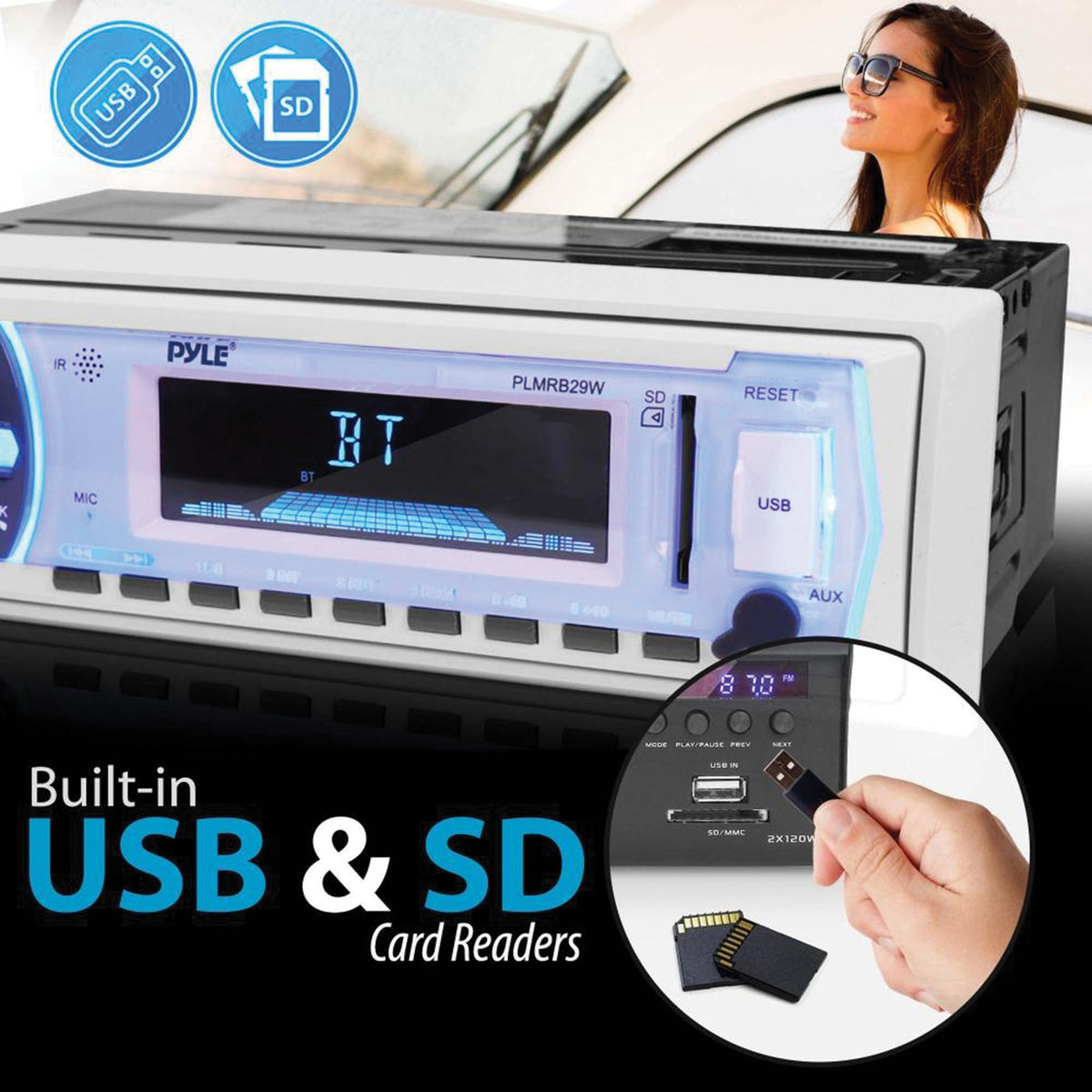 Pyle Single-DIN In-Dash Digital Marine Stereo Receiver — White - 3
