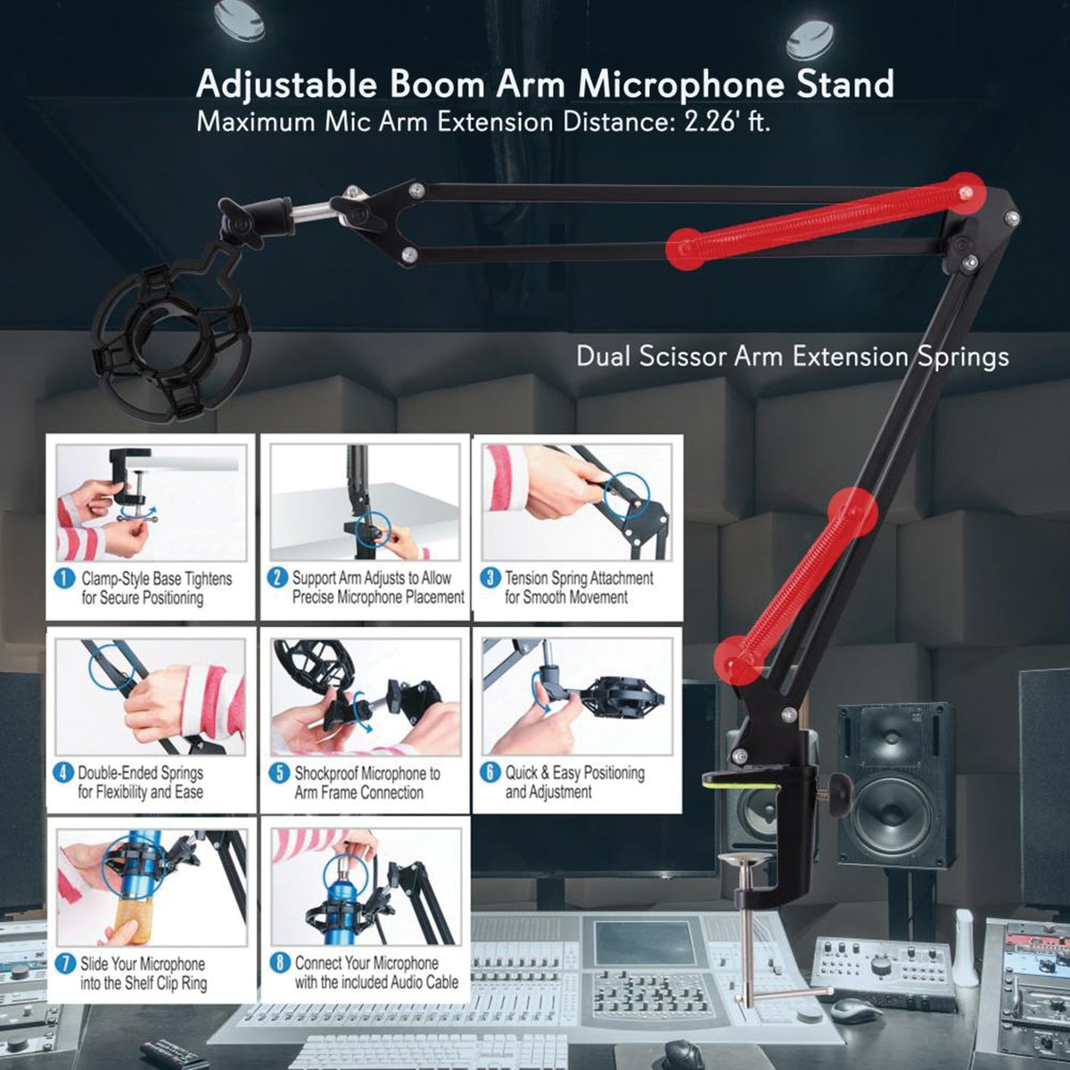 Pyle Universal Table Clamp Boom Shock Microphone Mount - 5