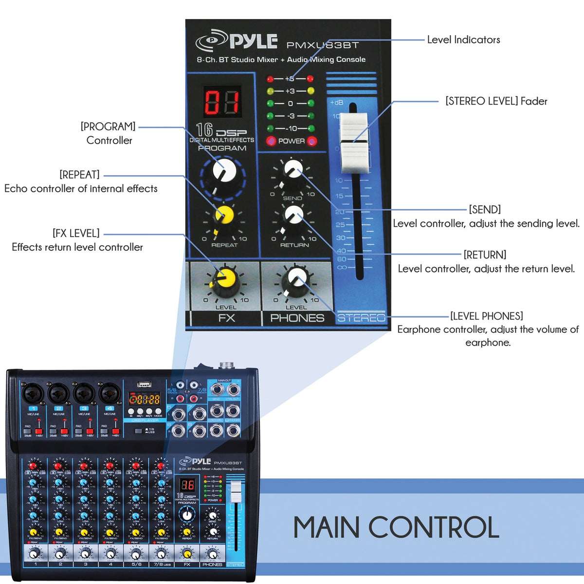Pyle 8-Channel Bluetooth Pro Audio DJ Sound Mixer - 12
