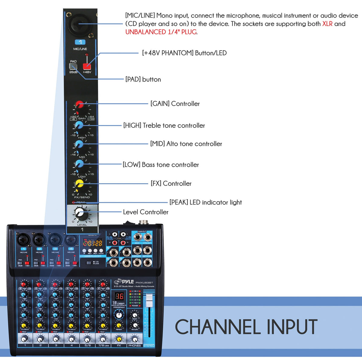 Pyle 8-Channel Bluetooth Pro Audio DJ Sound Mixer - 13