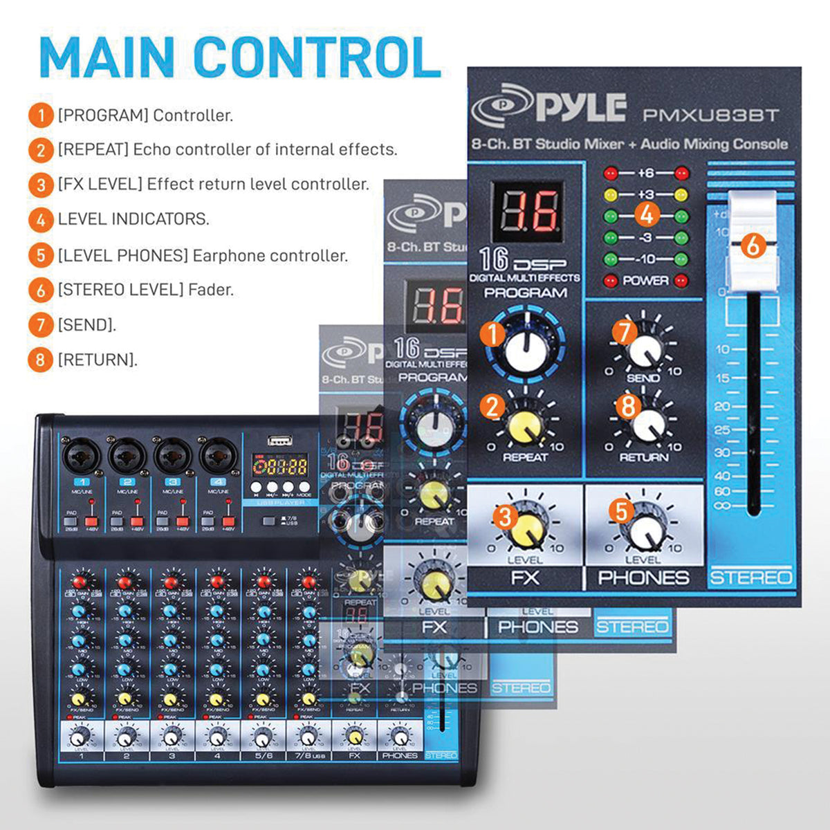 Pyle 8-Channel Bluetooth Pro Audio DJ Sound Mixer - 5
