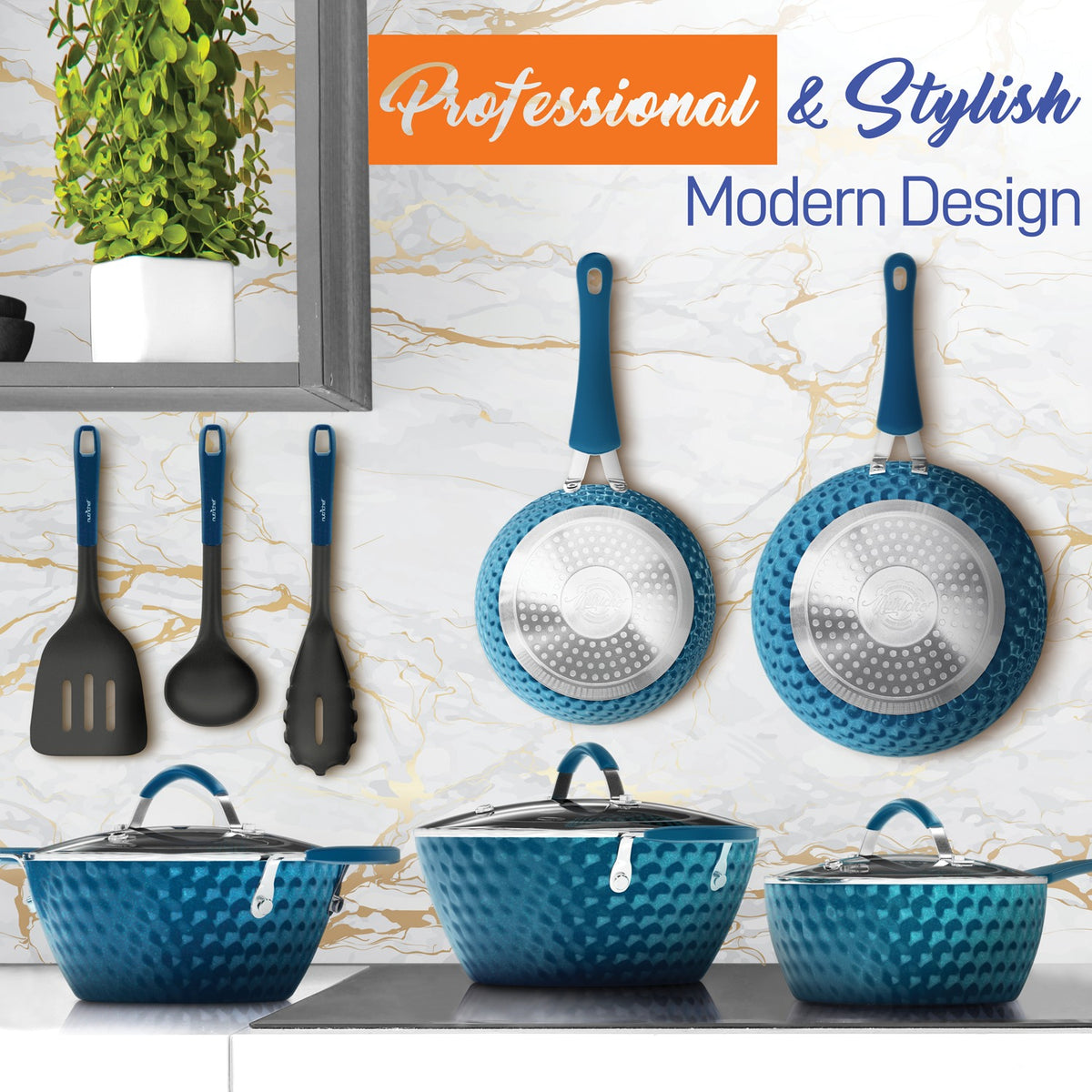 NutriChef Diamond Home Kitchen Cookware Set (Blue) - 5