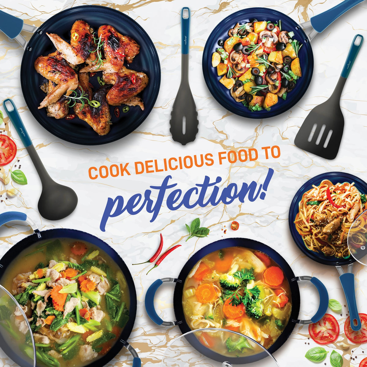 NutriChef Diamond Home Kitchen Cookware Set (Blue) - 8