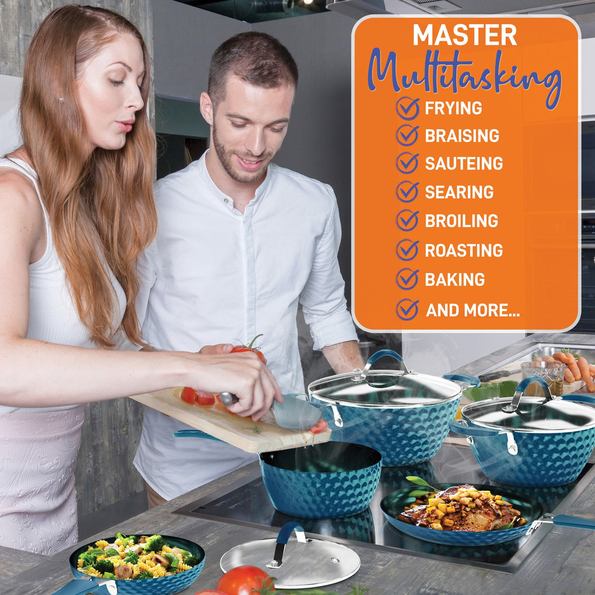 NutriChef Diamond Home Kitchen Cookware Set (Blue) - 9