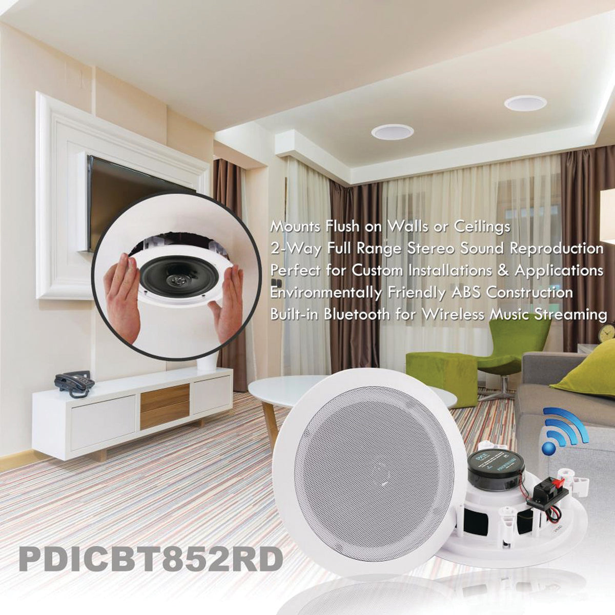Pyle 8-In. 250-Watt-Max Bluetooth In-Ceiling/In-Wall Speaker Pair — White - 11