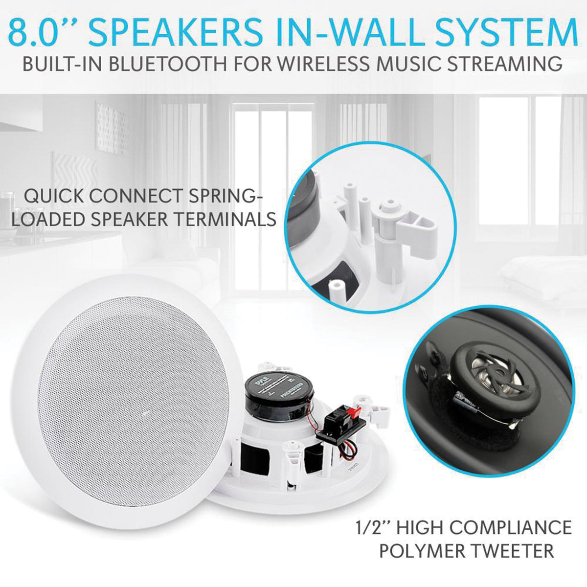 Pyle 8-In. 250-Watt-Max Bluetooth In-Ceiling/In-Wall Speaker Pair — White - 2