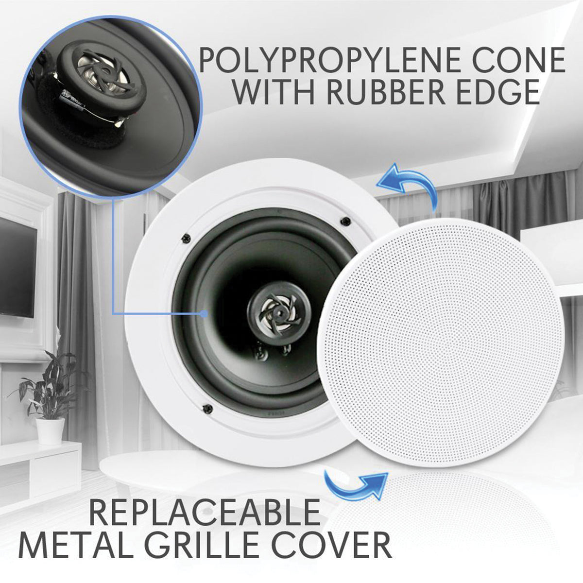 Pyle 8-In. 250-Watt-Max Bluetooth In-Ceiling/In-Wall Speaker Pair — White - 3