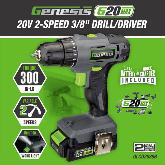 Genesis G20MAX 20-Volt Cordless Li-Ion 2-Speed 3/8-In. Drill Driver