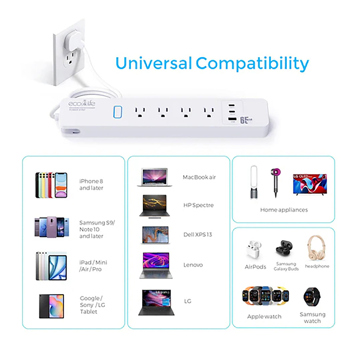 eco4life 4-AC Outlet and 3-USB Port 900-Joules Smart Wi-Fi Surge Protector - 8