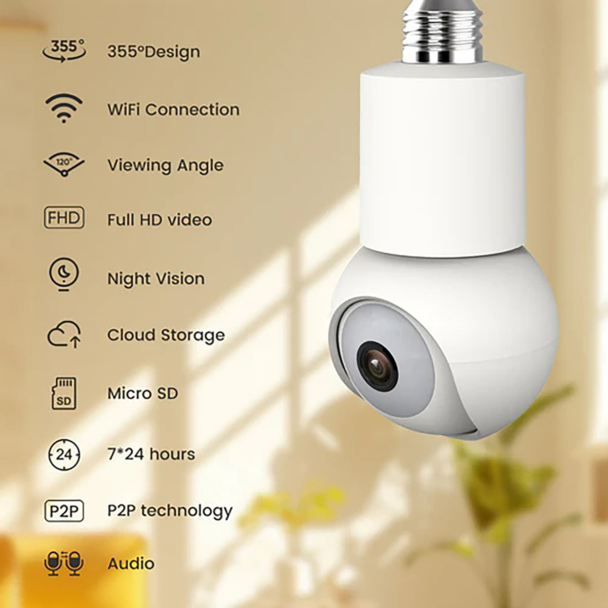 eco4life Wi-Fi 2K 1440p Smart Ptz Light Bulb Security Camera - 2