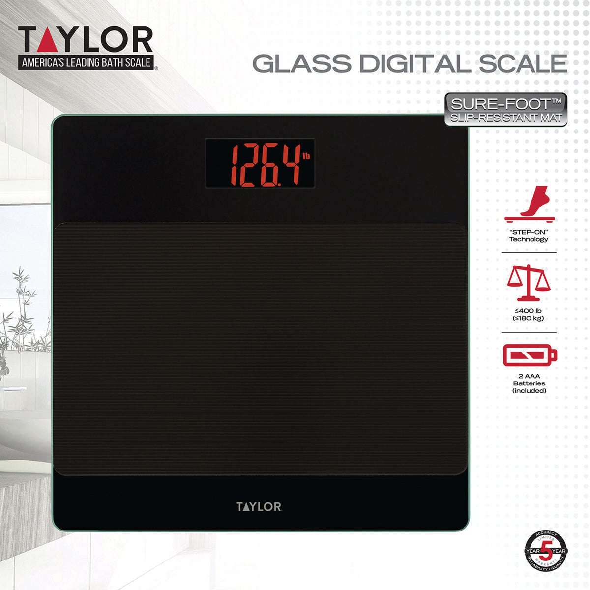 Taylor Precision Products Digital Glass Nonslip-Platform Bathroom Scale - 3
