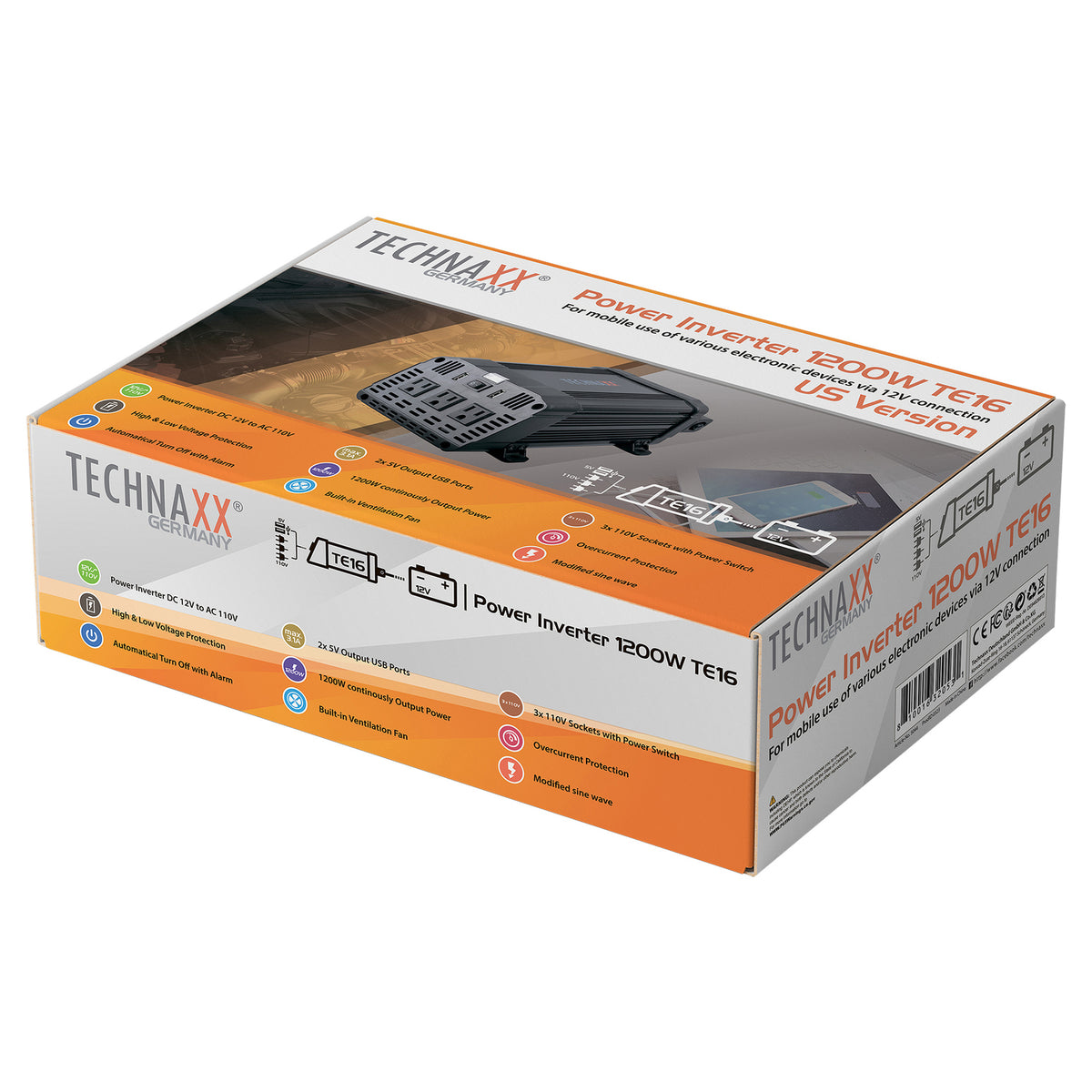 Technaxx 3-AC Outlet and 2-USB Port 1,200-Continuous-Watt TE16 Vehicle - 3