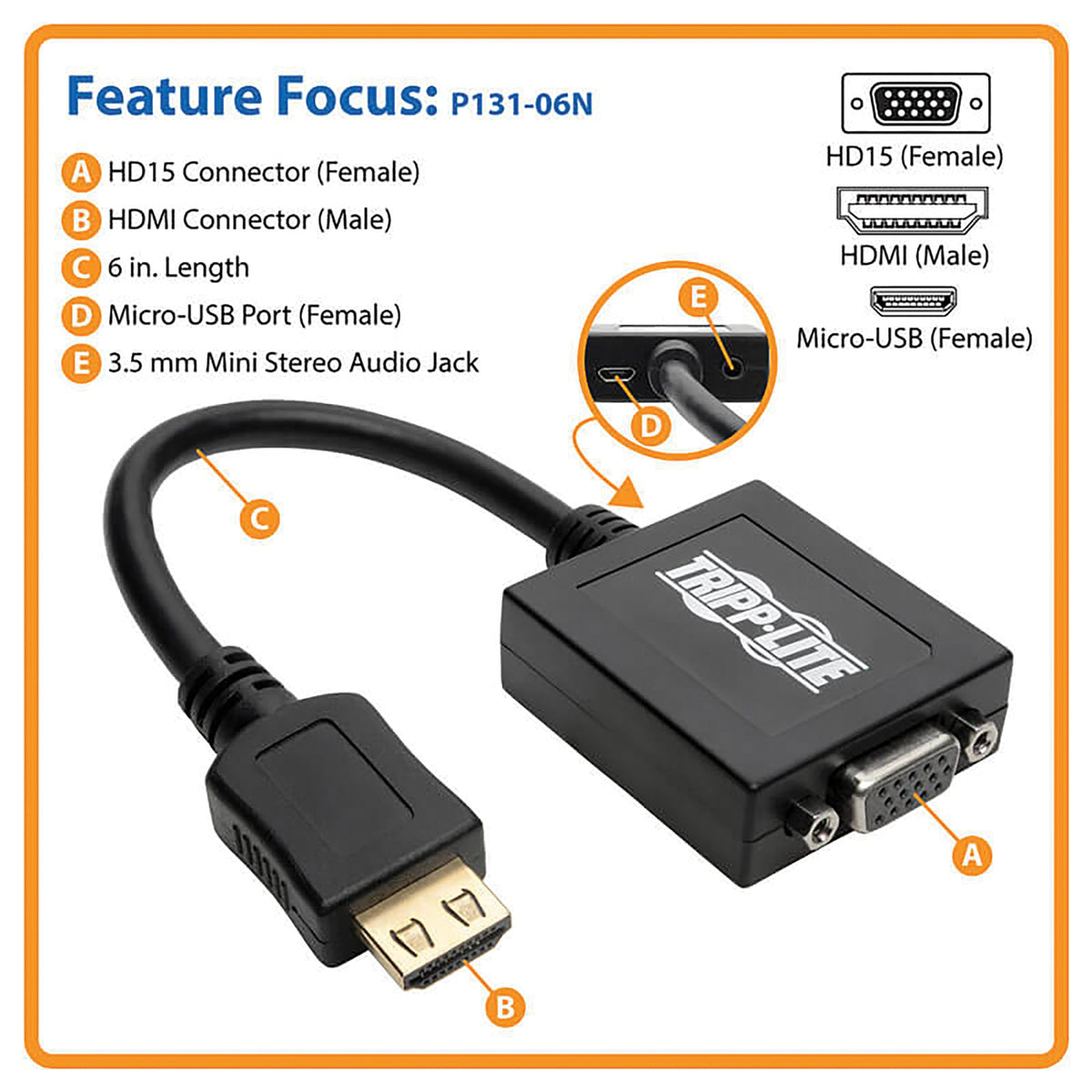 Tripp Lite by Eaton 1900 x 1200 HDMI Male to VGA Female Converter Cable - 6
