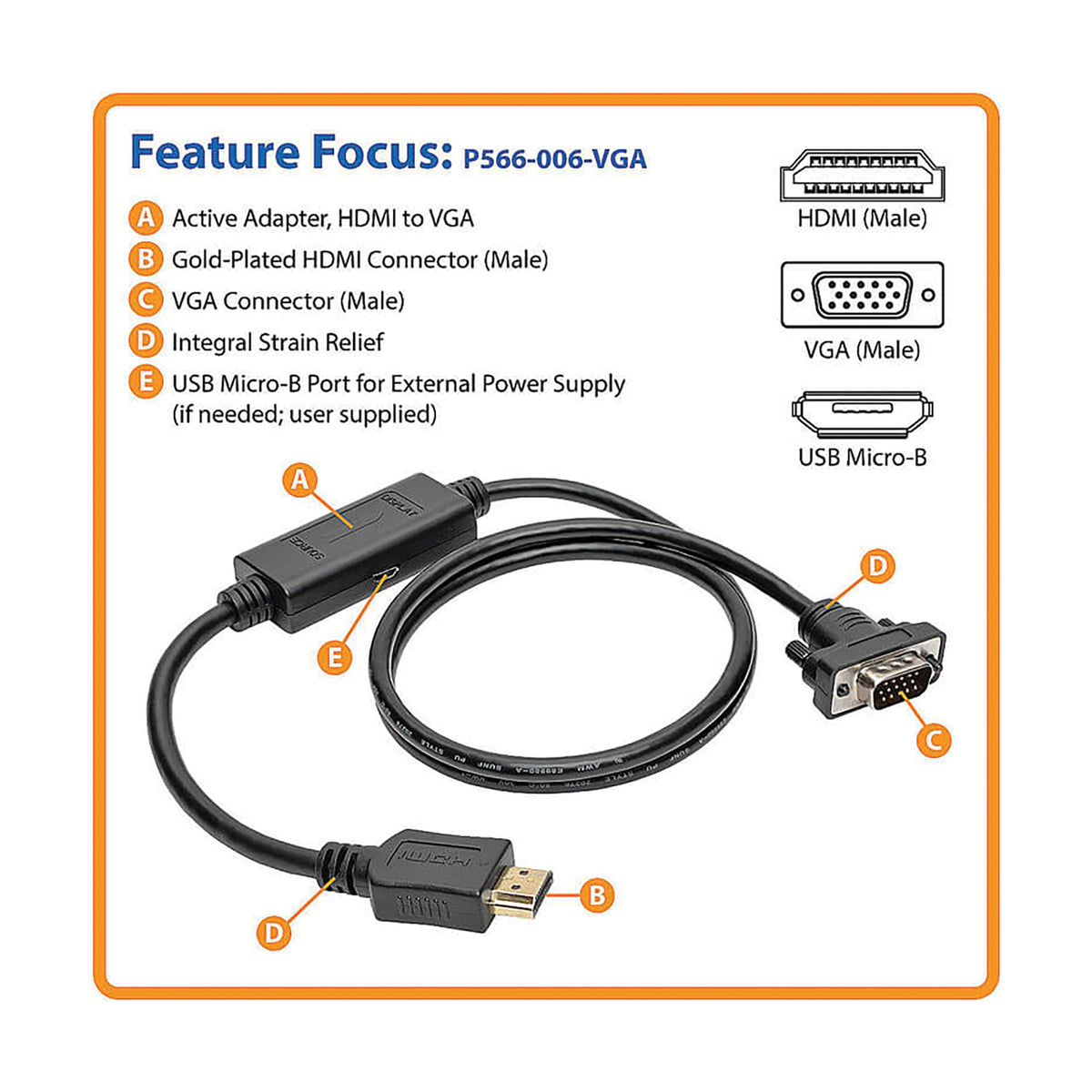 Tripp Lite by Eaton 1900 x 1200 at 60 Hz HDMI Male to VGA Male Low-Profile - 3