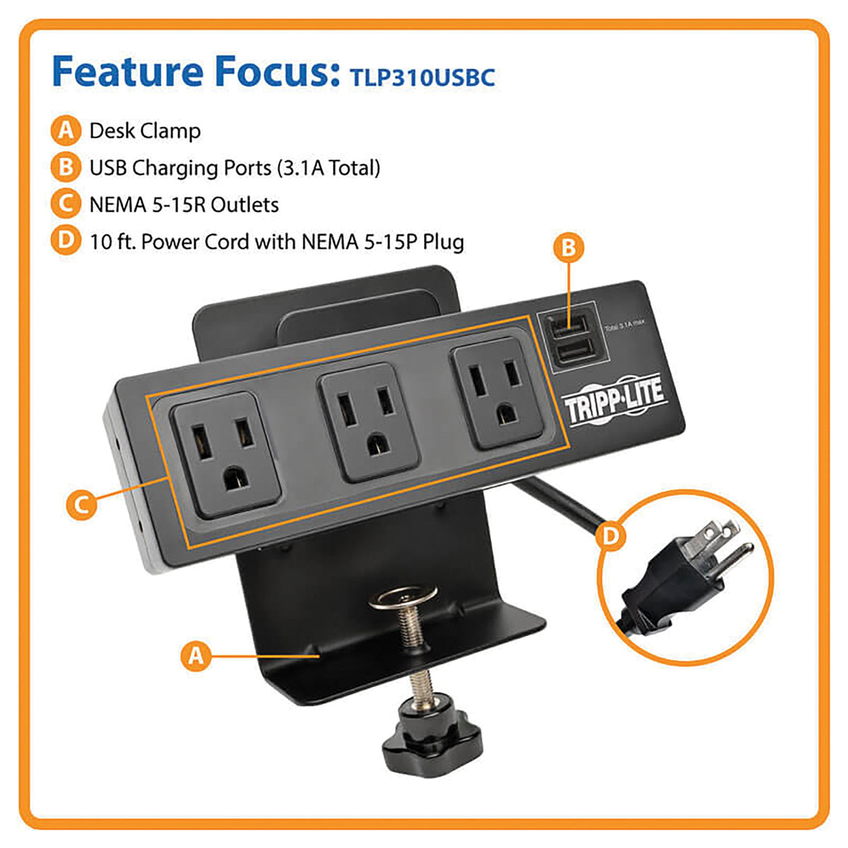 Tripp Lite by Eaton 3-AC Outlet and 2-USB Port 510-Joules Protect It! - 2