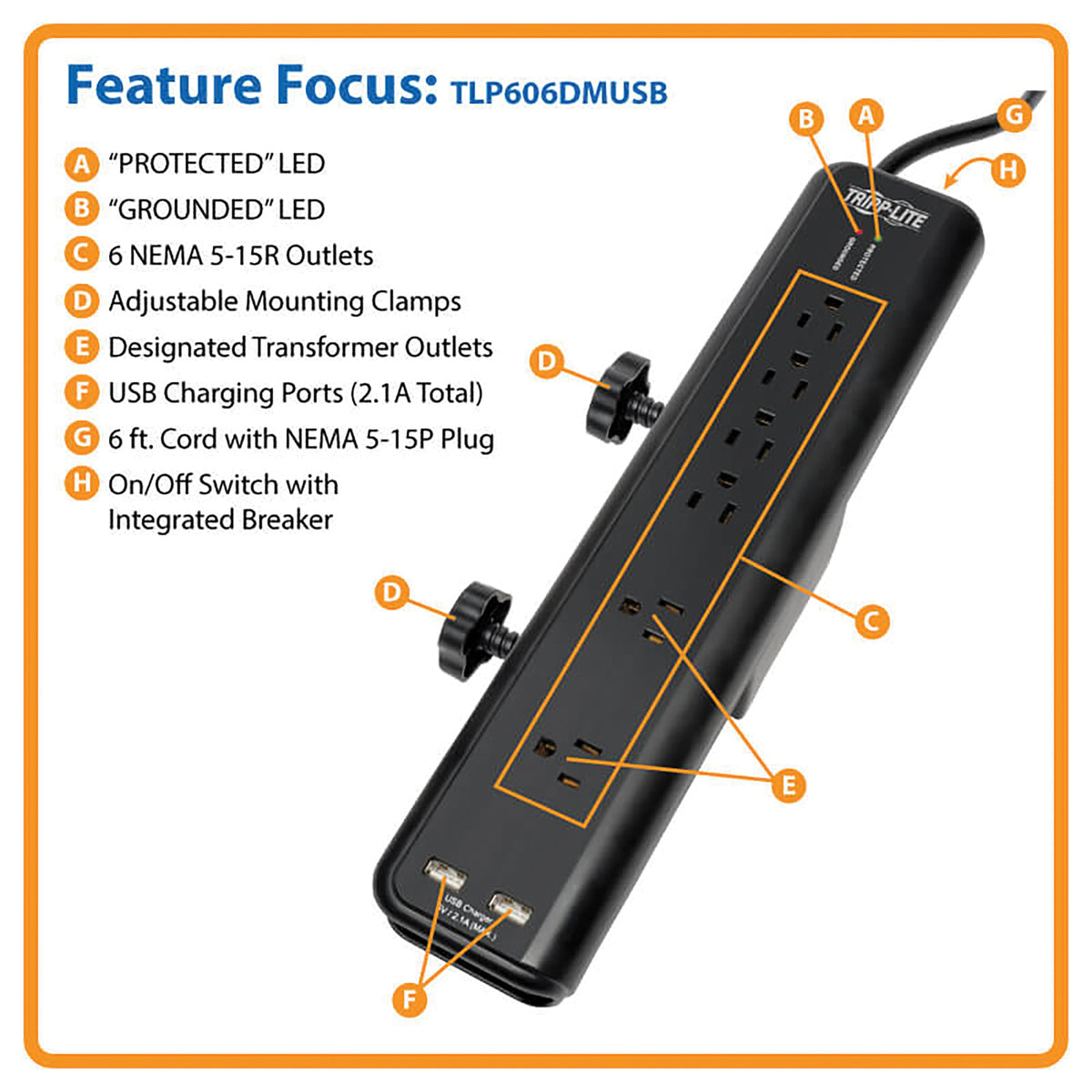 Tripp Lite by Eaton 6-AC Outlet and 2-USB Port 2,100-Joules Protect It! - 5