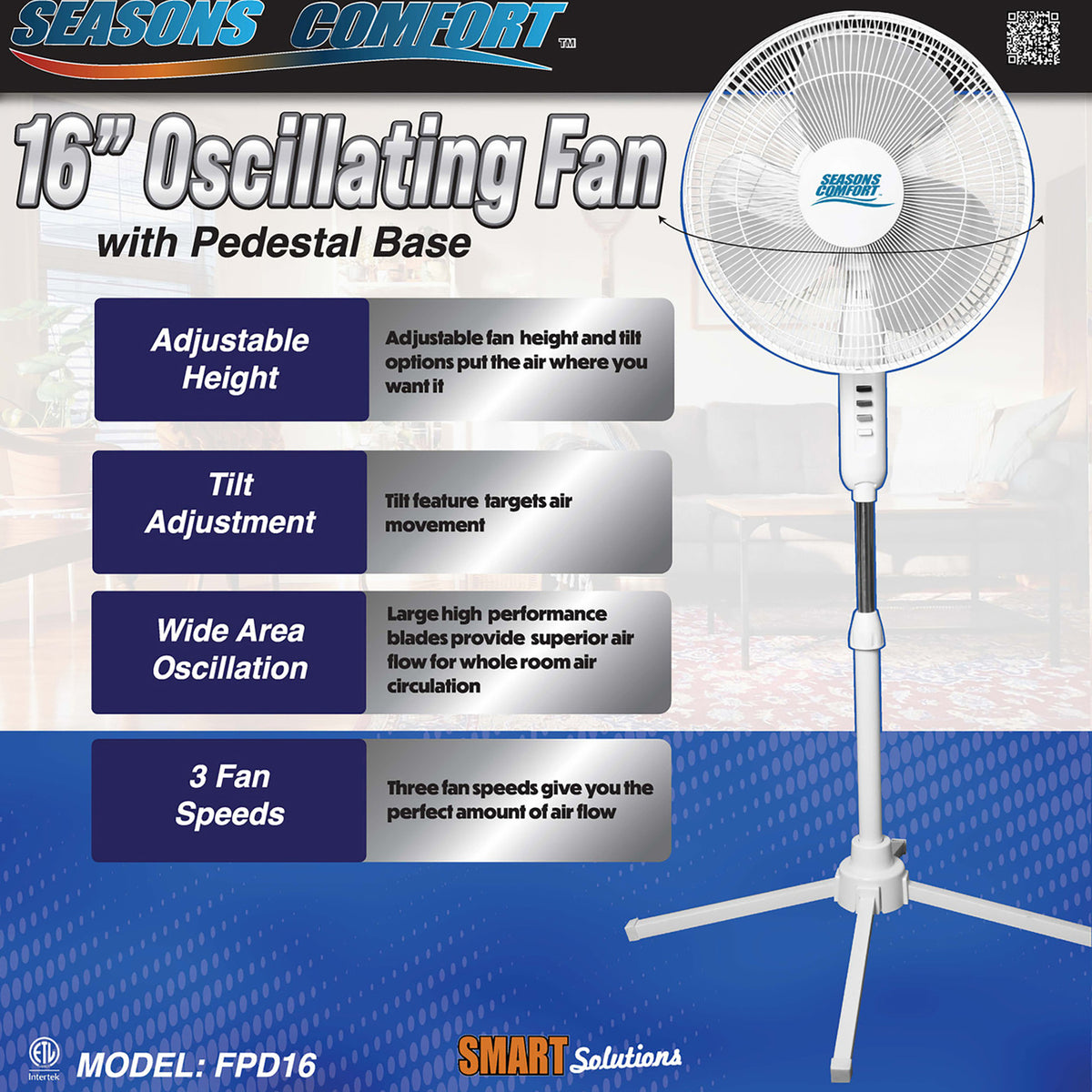 Seasons Comfort 16-In. 3-Speed Oscillating Fan - 3